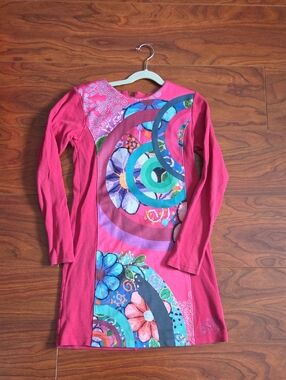 100% Cotton Desigual Girls Long Sleeve Pink Multicolor Floral Spiral Dress